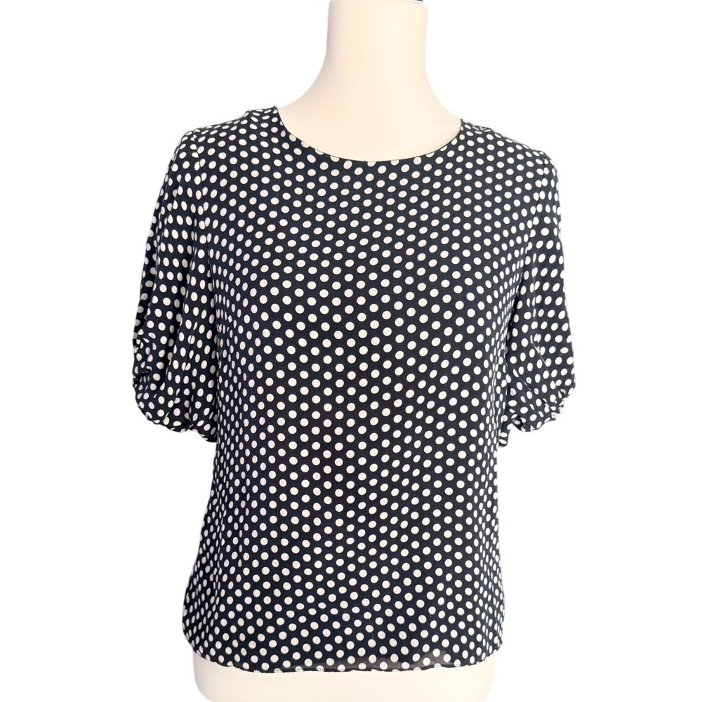 Milly Black White Polka Dot 100% Silk Puff Sleeve‎ Blouse Top Sz 6 Made in USA